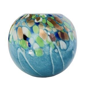 Art Glass Ball Vase Teal Blue Bronze Green White Multicolor Gold Dust 6.5“ Heavy